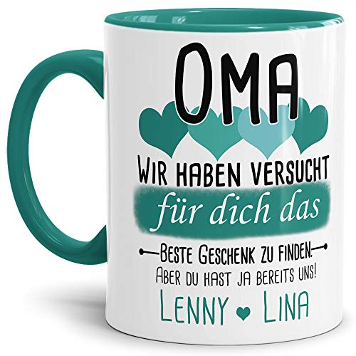 Tassendruck Geschenk Tasse mit Spruch PERSONALISIERT - Bestes Geschenk für Oma von Enkelkindern - Kaffee-Tasse/Geschenkidee Geburtstag Muttertag/Muttertagsgeschenk - Innen & Henkel Türkis von Tassendruck