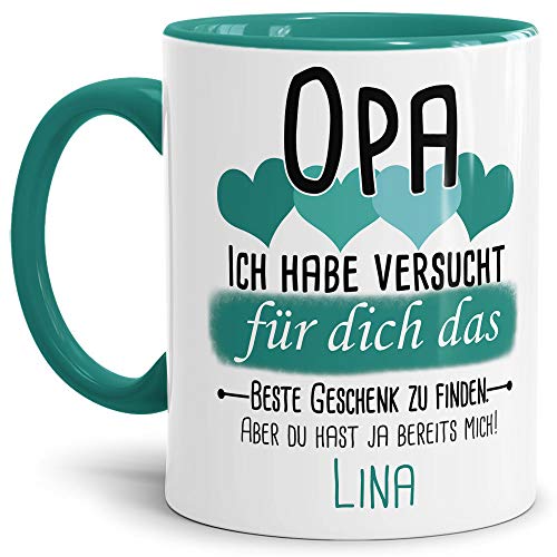 Tassendruck Geschenk Tasse mit Spruch PERSONALISIERT Opa von Enkelkind - Kaffee-Tasse/Geschenkidee Geburtstag Vatertag/Vatertagsgeschenk - Innen & Henkel Türkis von Tassendruck