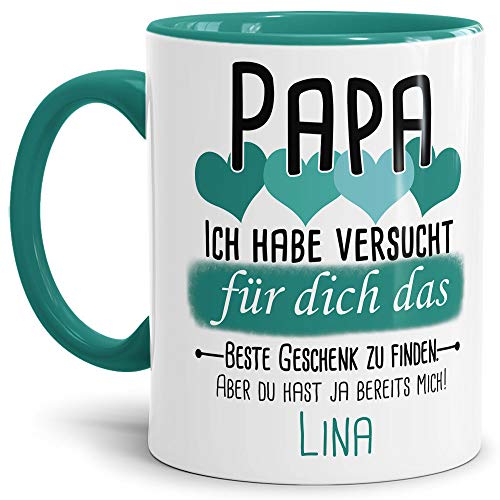 Tassendruck Geschenk Tasse mit Spruch PERSONALISIERT - Bestes Geschenk für Papa von Kind - Kaffee-Tasse/Geschenkidee Geburtstag Vatertag/Vatertagsgeschenk - Innen & Henkel Türkis von Tassendruck