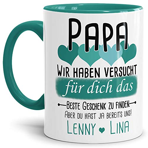 Tassendruck Geschenk Tasse mit Spruch PERSONALISIERT - Bestes Geschenk für Papa von Kindern - Kaffee-Tasse/Geschenkidee Geburtstag Vatertag/Vatertagsgeschenk - Innen & Henkel Türkis von Tassendruck