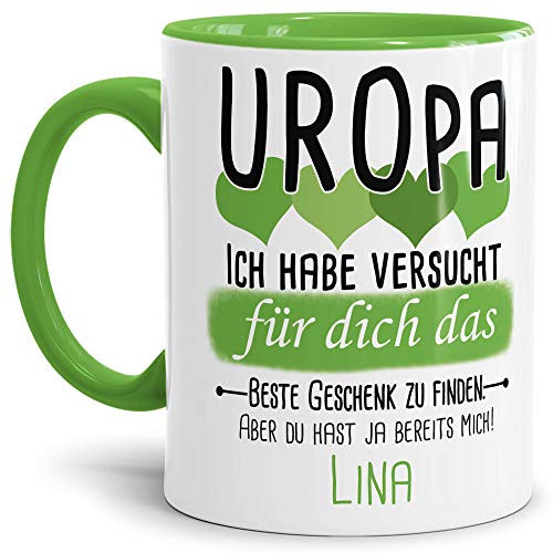 Tassendruck Geschenk Tasse mit Spruch PERSONALISIERT Uropa von Urenkel - Kaffee-Tasse/Geschenkidee Geburtstag Vatertag/Vatertagsgeschenk - Innen & Henkel Hellgrün von Tassendruck