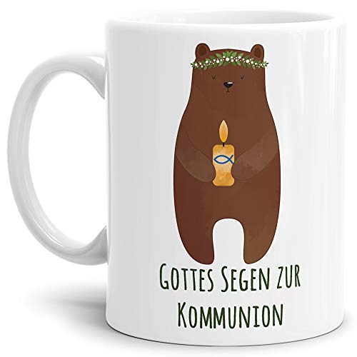 Tassendruck Geschenk-Tasse zur Kommunion Bär mit Kerze - Erwachsen/Kind/Feier/Weiss von Tassendruck