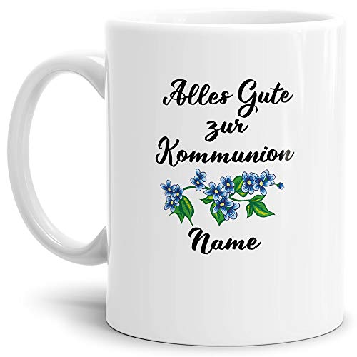 Tassendruck Geschenk-Tasse zur Kommunion Kreuz mit Blume - Personalisierbar/Erwachsen/Kind/Feier/Weiss von Tassendruck