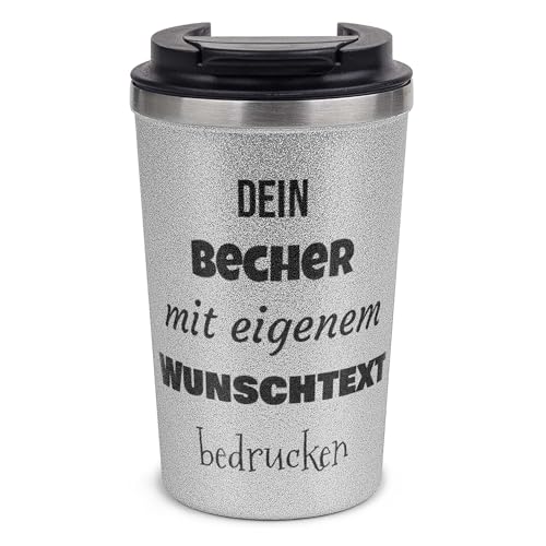 Tassendruck Glitzer Becher bedrucken - Glitzernder Mehrwegbecher bedrucken mit Wunschtext in 5 Zeilen - Hochwertiger Kaffeebecher, nachhaltig | Doppelwandiger Edelstahl, Silber, 350 ml von Tassendruck