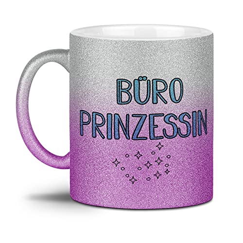 Glitzer-Tasse - Büro Prinzessin - Geschenk für Freundin, Kollegin, Frauen, Arbeit, Glitter - Hochwertige Keramik, Verlauf Silber-Pink, 300 ml von Tassendruck