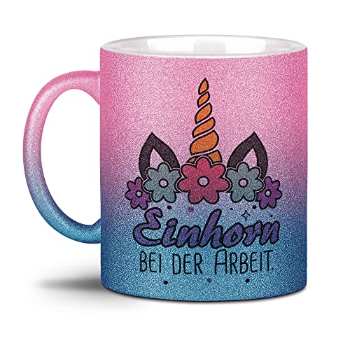 Glitzer-Tasse - Einhorn bei der Arbeit - Geschenk für Freundin, Kollegin, Frauen, Arbeit, Glitter - Hochwertige Keramik, Verlauf Rosa-Blau, 300 ml von Tassendruck