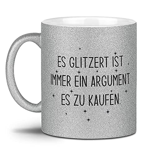 Tassendruck Glitzertasse - Es glitzert, ich kauf es - Geschenke für die beste Freundin, Frauen, Glitter - Hochwertige Keramik, Silber, 300 ml von Tassendruck