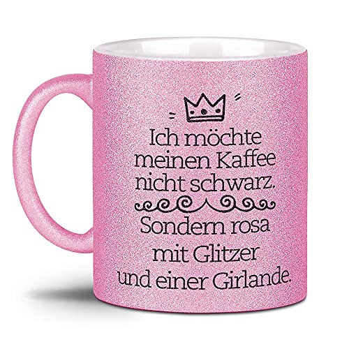 Tassendruck Glitzertasse - Kaffee mit Glitzer und Girlande - Geschenk für die Freundin, Frauen, Glitter - Hochwertige Keramik, Rosa, 300 ml von Tassendruck