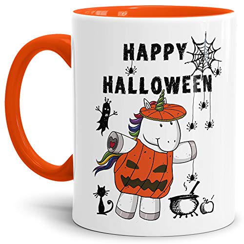 Tassendruck Halloween-Tasse mit Spruch Happy Halloween - Einhorn/Gespenster/Spinnen - Innen & Henkel Orange von Tassendruck