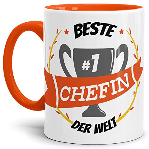 Tassendruck Kaffee-Tasse Beste Chefin Innen & Henkel Orange/Lustig/Fun/Mug/Cup/Geschenk/Beste Qualität - 25 Jahre Erfahrung von Tassendruck