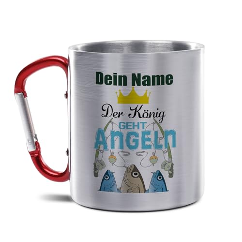 Tassendruck Karabiner Edelstahlbecher, 300 ml - Der König geht angeln - mit Name selbst gestalten - Geschenk für Angler, Geburtstagsgeschenk | Personalisiertes Geschenk von Tassendruck