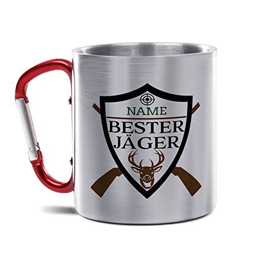 Tassendruck Karabiner Edelstahlbecher - Bester Jäger mit Name selbst gestalten - Geschenk für Jäger, Jagd, Geburtstagsgeschenk | Personalisiertes Geschenk, 300 ml von Tassendruck