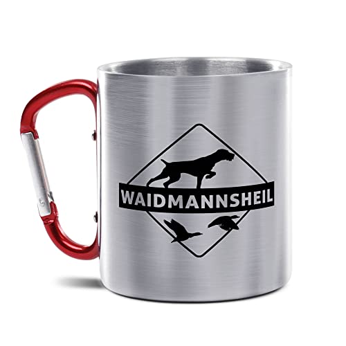 Tassendruck Karabiner Edelstahlbecher mit Spruch - Waidmannsheil - Geschenkidee für Jäger, Jagd, Geburtstagsgeschenk für Jäger, 300ml von Tassendruck