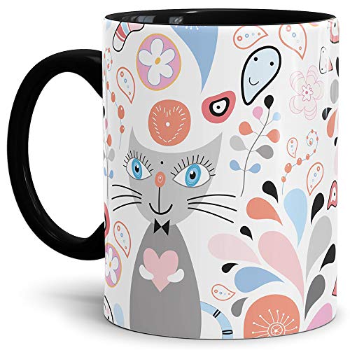 Tassendruck Katzen-Tasse Comic Innen und Henkel Schwarz - Kaffeetasse/Mug/Cup - Qualität Made in Germany von Tassendruck