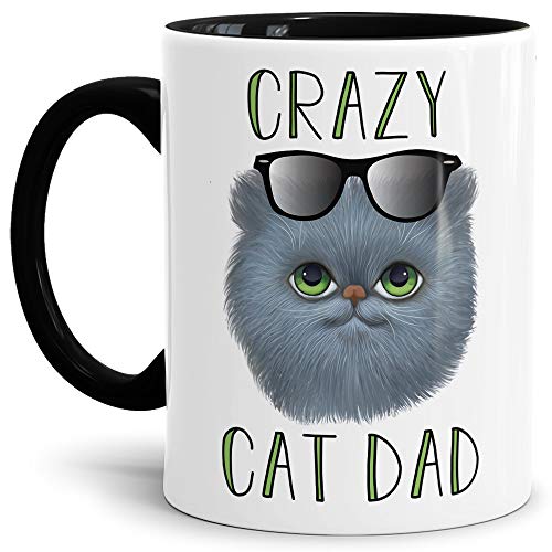 Katzen-Tasse mit Spruch Crazy Cat Dad - Cat/Tier/Geschenk-Idee/Fellnase/Innen & Henkel Schwarz von Tassendruck