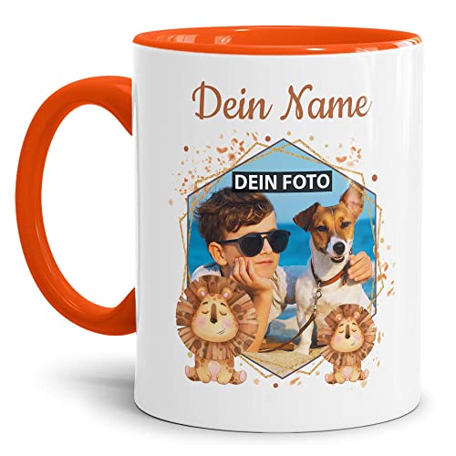 Tassendruck Kinder-Tasse mit Tiermotiv Löwe - mit Foto & Name selbst gestalten - Für Mädchen & Jungen - Keramik Innen & Henkel Orange, 300 ml I Personalisiertes Geschenk für Kinder von Tassendruck