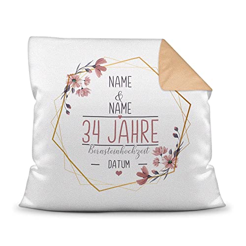 Tassendruck Kissen Hochzeitstag Bernstein Hochzeit - mit Name & Datum selbst gestalten - 34 Jahre Ehe, Geschenk Hochzeit, Jubiläum, Jahrestag - Farbkissen Rückseite Mokka, 40x40 cm I Personalisiert von Tassendruck