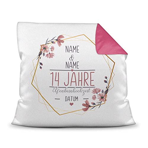 Tassendruck Kissen Hochzeitstag Elfenbein Hochzeit - mit Name & Datum selbst gestalten - 14 Jahre Ehe, Geschenk Hochzeit, Jubiläum, Jahrestag - Farbkissen Rückseite Pink, 40x40 cm I Personalisiert von Tassendruck