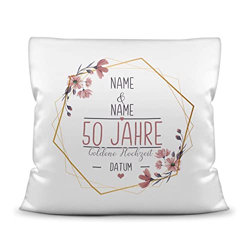 Tassendruck Kissen Hochzeitstag Goldene Hochzeit - mit Name & Datum selbst gestalten - 50 Jahre Ehe, Geschenk Hochzeit, Jubiläum, Jahrestag - Hochzeit Kissen Polyester Weiß, 40x40 cm I Personalisiert von Tassendruck