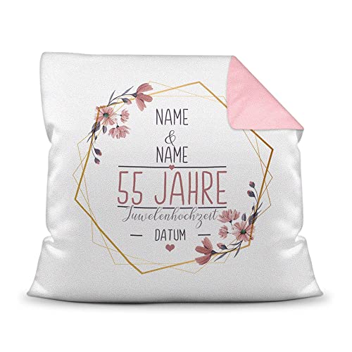 Tassendruck Kissen Hochzeitstag Juwelen Hochzeit - mit Name & Datum selbst gestalten - 55 Jahre Ehe, Geschenk Hochzeit, Jubiläum, Jahrestag - Farbkissen Rückseite Rosa, 40x40 cm I Personalisiert von Tassendruck