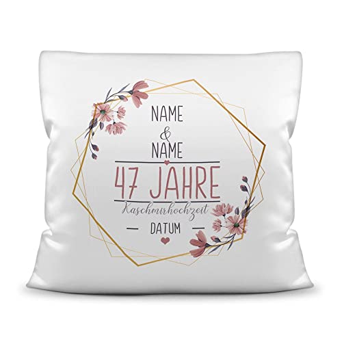 Tassendruck Kissen Hochzeitstag Kaschmir Hochzeit - mit Name & Datum selbst gestalten - 47 Jahre Ehe, Geschenk Hochzeit, Jubiläum, Jahrestag - Kissen Polyester Weiß, 40x40 cm I Personalisiert von Tassendruck