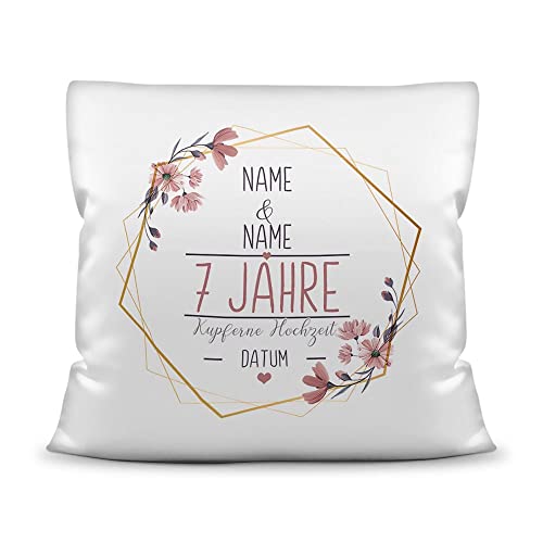 Tassendruck Kissen Hochzeitstag Kupferne Hochzeit - mit Name & Datum selbst gestalten - 7 Jahre Ehe, Geschenk Hochzeit, Jubiläum, Jahrestag - Hochzeit Kissen Polyester Weiß, 40x40 cm I Personalisiert von Tassendruck