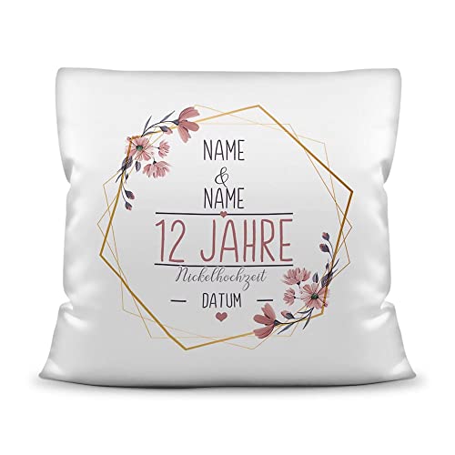 Tassendruck Kissen Hochzeitstag Nickel Hochzeit - mit Name & Datum selbst gestalten - 12 Jahre Ehe, Geschenk Hochzeit, Jubiläum, Jahrestag - Kissen Polyester Weiß, 40x40 cm I Personalisiert von Tassendruck