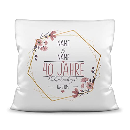 Tassendruck Kissen Hochzeitstag Rubin Hochzeit - mit Name & Datum selbst gestalten - 40 Jahre Ehe, Geschenk Hochzeit, Jubiläum, Jahrestag - Kissen Polyester Weiß, 40x40 cm I Personalisiert von Tassendruck