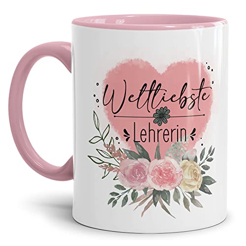 Tassendruck Lehrerin-Tasse - Weltliebste Lehrerin - Geschenk für Lehrerin zum Abschied, Danke Sagen, Abschiedsgeschenk | 300ml, Innen & Henkel Rosa von Tassendruck