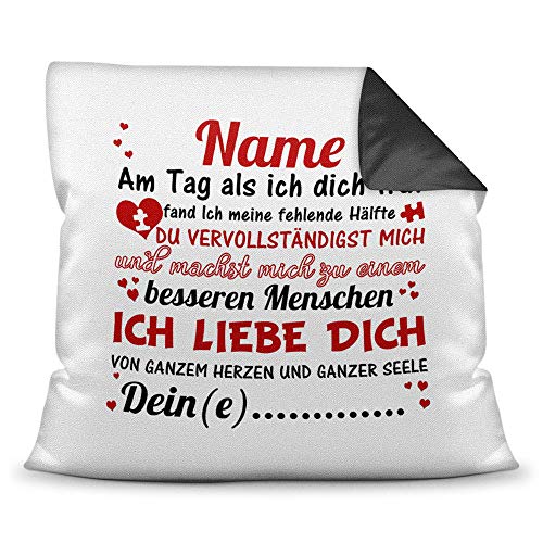 Tassendruck Liebes-Kissen mit Spruch - Am Tag als ich dich traf - Schatz/Personalisierbar/Individuell/Pärchen/Love/Glück/Rückseite Schwarz von Tassendruck