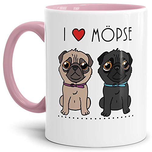 Mops-Tasse mit Spruch I Love Möpse/Hund/Tier/Pug/Cup/Mug/Innen & Henkel Rosa von Tassendruck