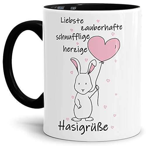 Tassendruck Oster-Tasse Zauberhafte Hasigrüße - Ostern/Witzig/Oster-Geschenk/Schön/Lustig/Innen & Henkel Schwarz von Tassendruck