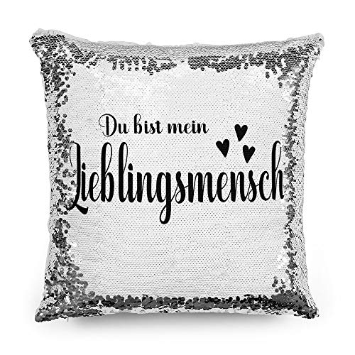 Tassendruck Pailletten-Kissen mit Spruch Du bist Mein Lieblingsmensch - Verliebt/Liebe/Geschenk-Idee/Paar/Kissenbezug inkl. Kissenfüllung/Farbe: Silber von Tassendruck