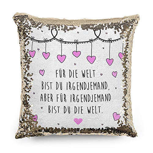 Tassendruck Pailletten-Kissen mit Spruch Für die Welt - Verliebt/Liebe/Geschenk-Idee/Paar/Kissenbezug inkl. Kissenfüllung/Farbe: Gold von Tassendruck