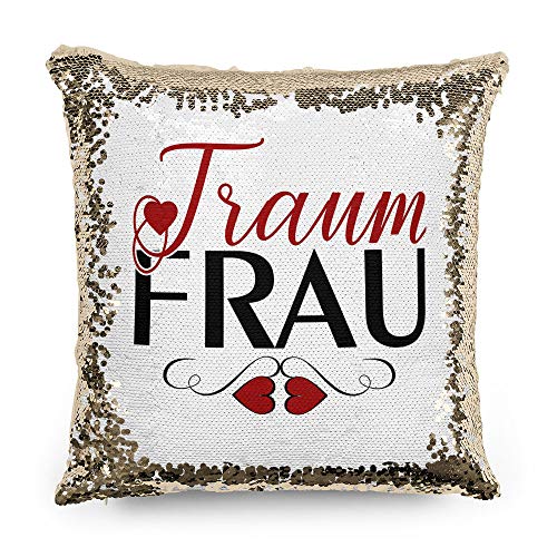 Tassendruck Pailletten-Kissen mit Spruch Traumfrau - Verliebt/Liebe/Geschenk-Idee/Paar/Kissenbezug inkl. Kissenfüllung/Farbe: Gold von Tassendruck