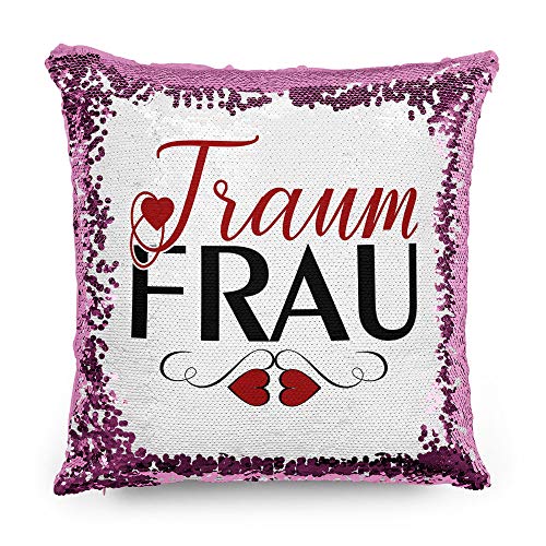 Tassendruck Pailletten-Kissen mit Spruch Traumfrau - Verliebt/Liebe/Geschenk-Idee/Paar/Kissenbezug inkl. Kissenfüllung/Farbe: Pink von Tassendruck