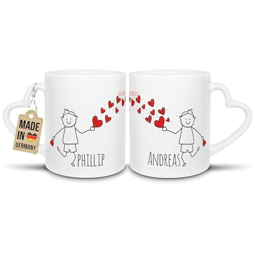 Partner-Tassen mit süßen Strichmännchen - für Mann und Mann - zum selbst Beschriften mit Wunschnamen - 2er Set Kaffeebecher aus Keramik mit Herzhenkel in Weiß, je 300 ml Partner-Tassen mit süßen Strichmännchen - für Mann und Mann - zum selbst Beschriften mit Wunschnamen - 2er Set Kaffeebecher aus Keramik mit Herzhenkel in Weiß, je 300 ml von Tassendruck