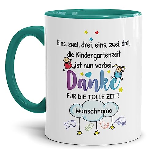 Tassendruck Personalisierbare Tasse für Erzieher - Eins, Zwei, DREI - Danke für die tolle Zeit - Abschiedsgeschenk Erzieher, Tasse mit Name Personalisieren | 300ml, Innen & Henkel Türkis von Tassendruck