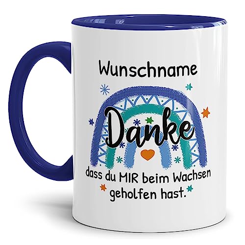 Tassendruck Personalisierbare Tasse für Erzieher - Regenbogen - Danke, DASS du Mir geholfen hast - Abschiedsgeschenk Erzieher, Tasse mit Name Personalisieren | 300ml, Innen & Henkel Dunkelblau von Tassendruck