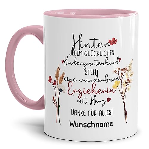 Tassendruck Personalisierbare Tasse für Erzieherin - Hinter jedem Kind Steht - Blumen Abschiedsgeschenk Erzieherin, Tasse mit Name Personalisieren | 300ml, Innen & Henkel Rosa von Tassendruck