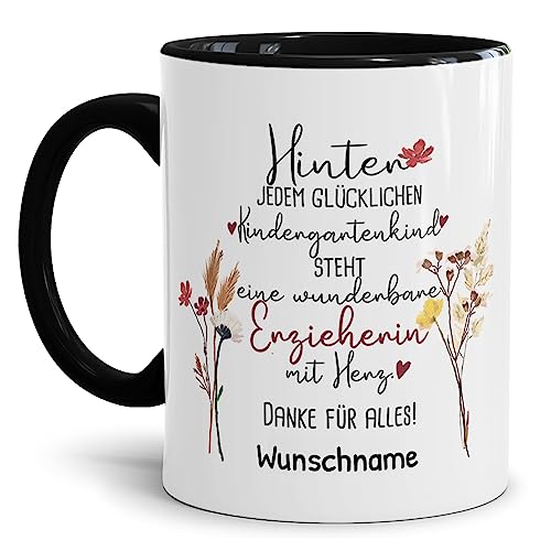 Tassendruck Personalisierbare Tasse für Erzieherin - Hinter jedem Kind Steht - Blumen Abschiedsgeschenk Erzieherin, Tasse mit Name Personalisieren | 300ml, Innen & Henkel Schwarz von Tassendruck