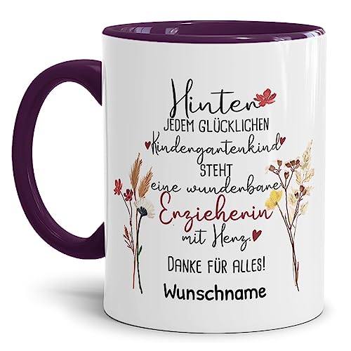 Tassendruck Personalisierbare Tasse für Erzieherin - Hinter jedem Kind steht - Blumen Abschiedsgeschenk Erzieherin, Tasse mit Name personalisieren | 300ml, Innen & Henkel Violett von Tassendruck