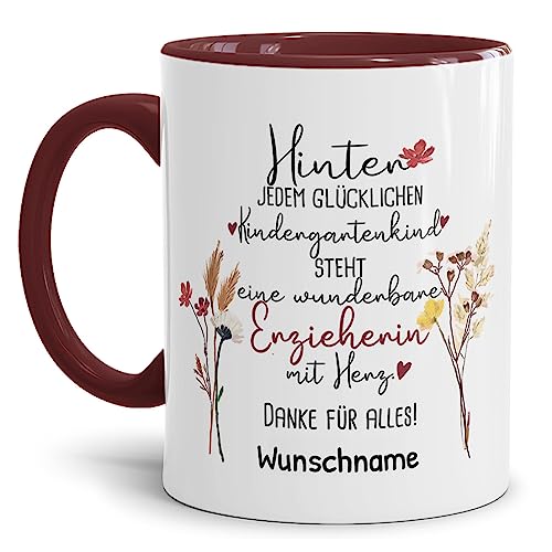 Tassendruck Personalisierbare Tasse für Erzieherin - Hinter jedem Kind Steht - Blumen Abschiedsgeschenk Erzieherin, Tasse mit Name Personalisieren | 300ml, Innen & Henkel Weinrot von Tassendruck