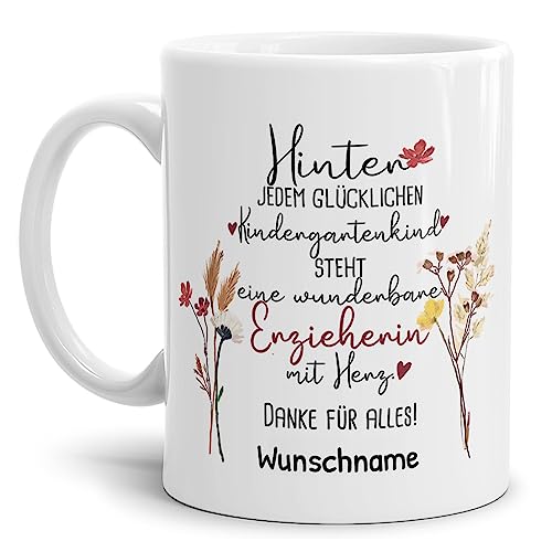 Tassendruck Personalisierbare Tasse für Erzieherin - Hinter jedem Kind steht - Blumen Abschiedsgeschenk Erzieherin, Tasse mit Name personalisieren | 300ml, Weiß von Tassendruck