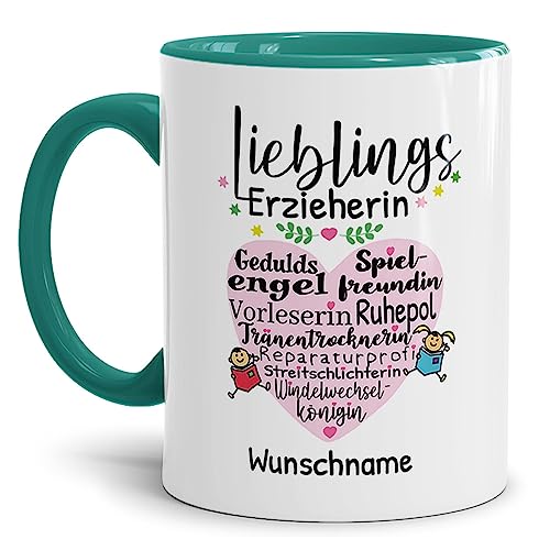 Tassendruck Personalisierbare Tasse für Erzieherin - Lieblingserzieherin - Abschiedsgeschenk Erzieherin, Tasse mit Name Personalisieren | 300ml, Innen & Henkel Türkis von Tassendruck