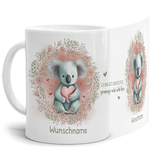 Tassendruck Personalisierbare Tasse für Kinder - mit Name, 300 ml - Ich bin gut, so wie ich bin - Koala Tasse Achtsamkeit, personalisierte Geschenke zur Einschulung | Weiß von Tassendruck