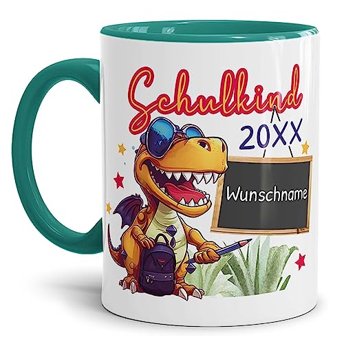 Tassendruck Personalisierbare Tasse zur Einschulung - Schulkind mit Name und Jahr personalisiert - Dino Tasse, personalisierte Geschenke zur Einschulung | 300ml, Innen & Henkel Türkis von Tassendruck