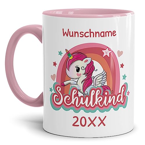 Tassendruck Personalisierbare Tasse zur Einschulung - Schulkind mit Name und Jahr personalisiert - Einhorn Tasse, personalisierte Geschenke zur Einschulung | 300ml, Innen & Henkel Rosa von Tassendruck