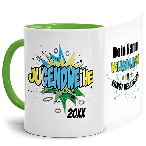 Tassendruck Personalisierte Jugendweihe-Tasse mit Jahr und Name - Grafitti - Jugendweihe Geschenk mit Name personalisiert, Namenstassen | 300 ml, Innen & Henkel Hellgrün von Tassendruck