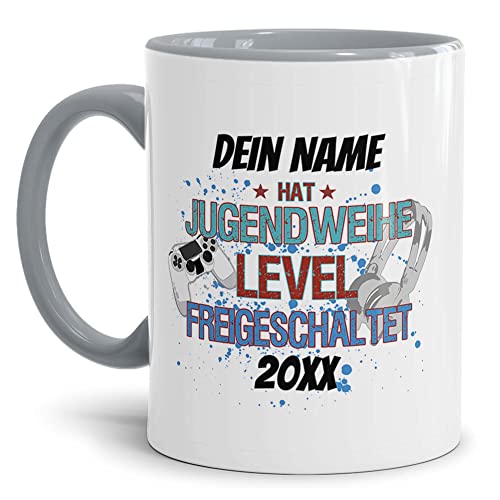 Tassendruck Personalisierte Jugendweihe-Tasse mit Jahr und Name - Level - Jugendweihe Geschenk mit Name personalisiert, Namenstassen | 300 ml, Innen & Henkel Grau von Tassendruck